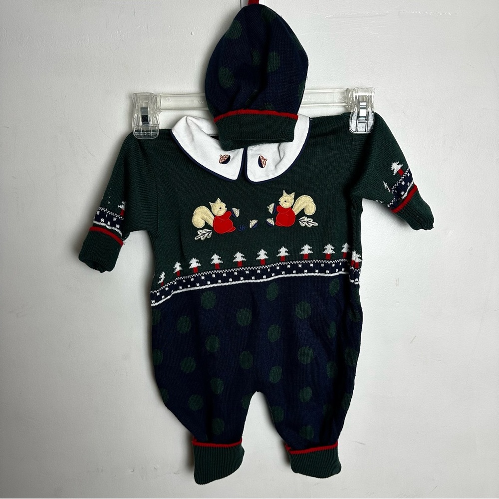 Vintage Squirrel Romper With Hat Glynne Percy Baby Size 6 Months Embroidered